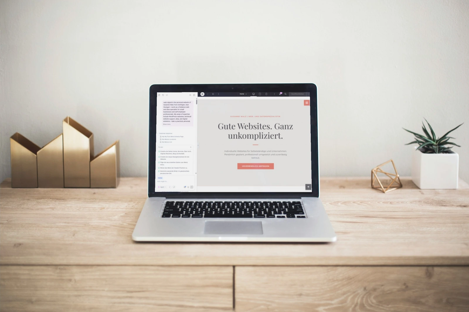 Mockup der WordPress-Website walz.digital mit geöffnetem Elementor und Angie