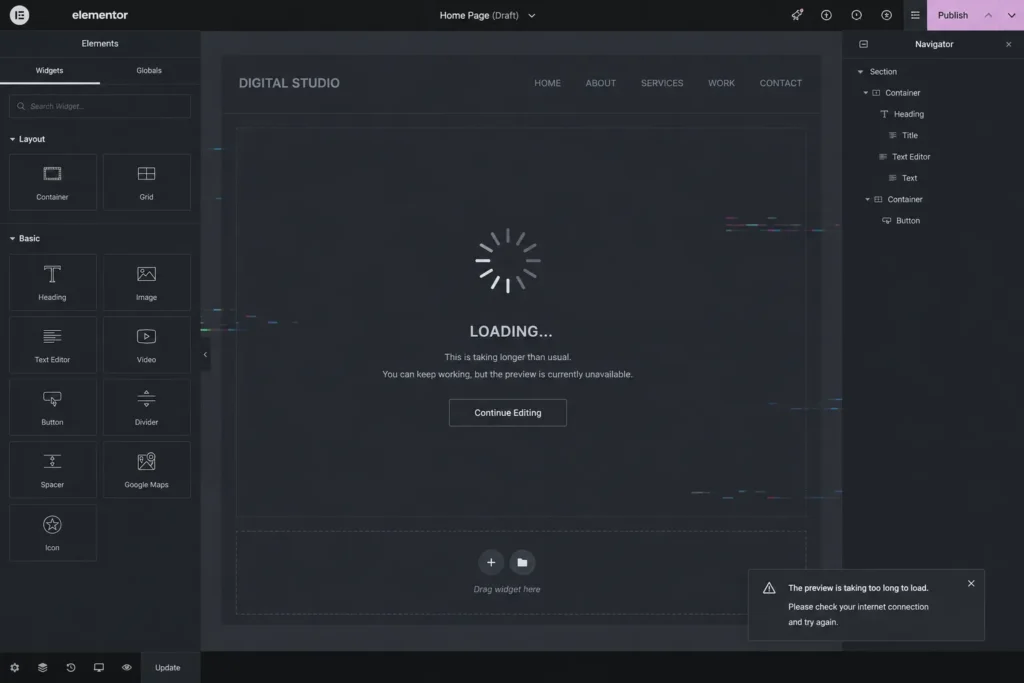 Bild eines Elementor Update Fehlers im Backend